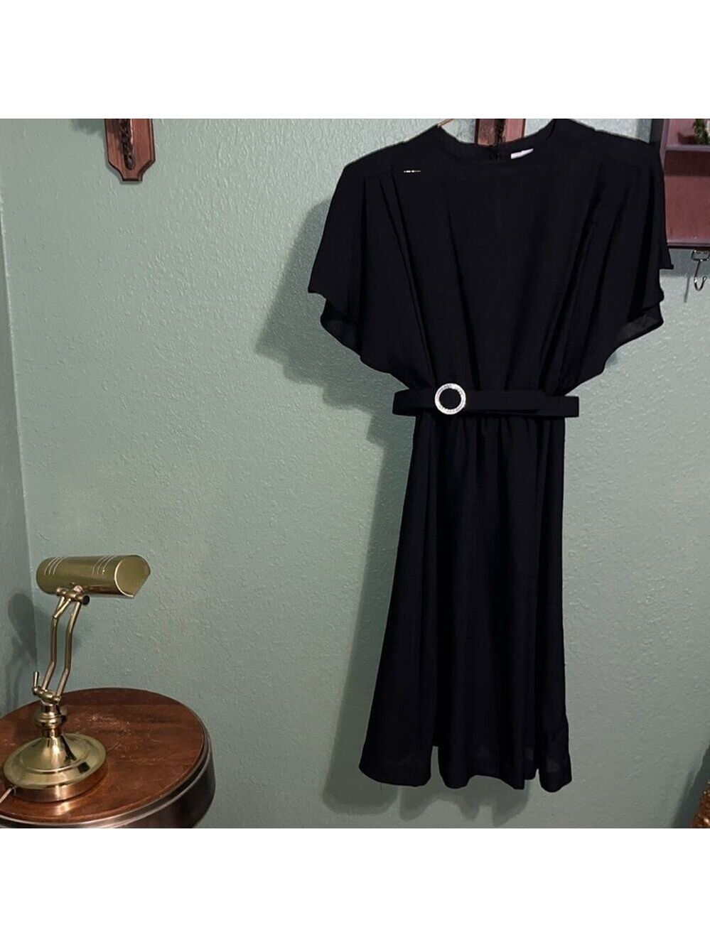 Vintage modest black dress with belt Melissa Petites • black wedding - Picture 2 of 10